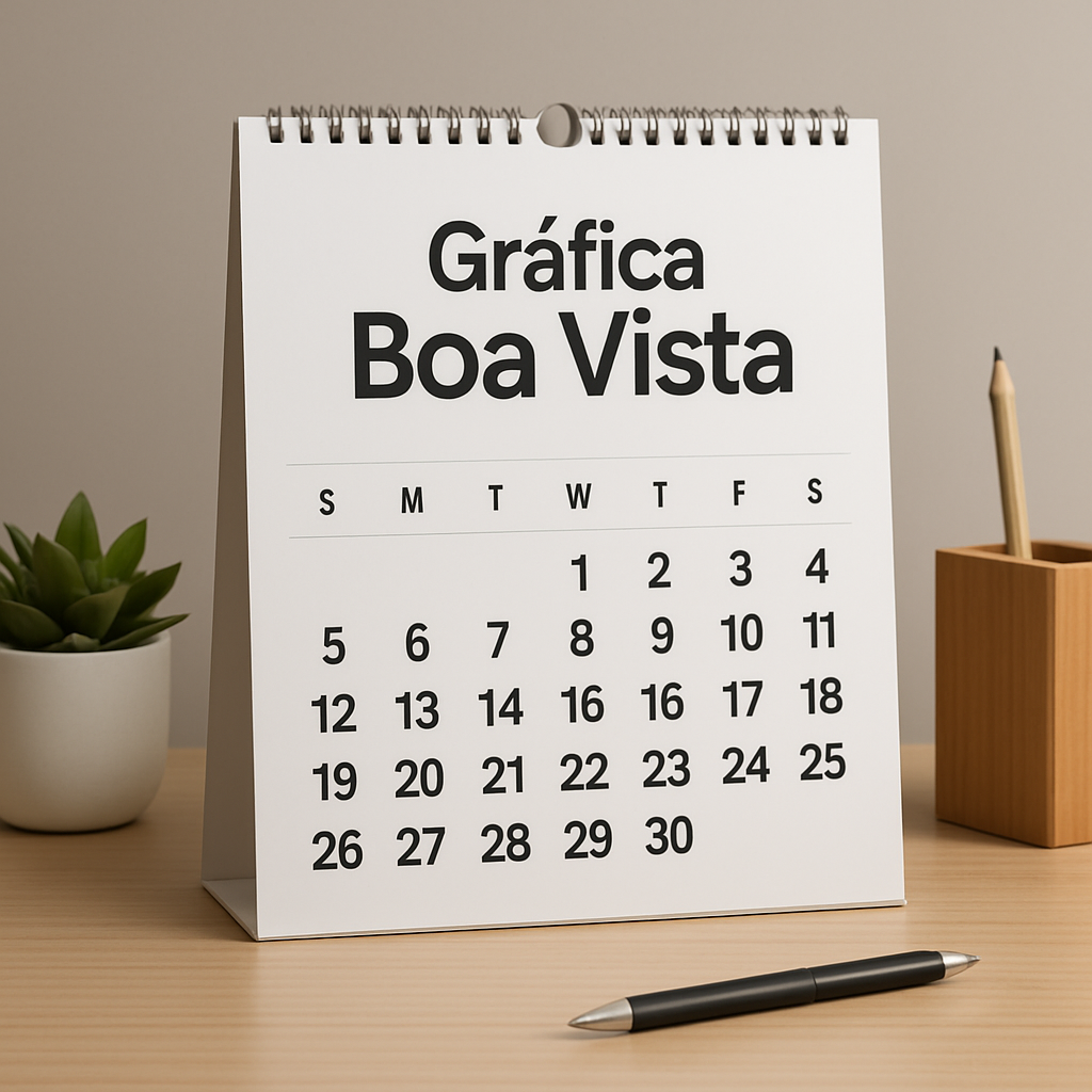 Folhinha de Parede personalizado pendurado em ambiente de escritório, mostrando um produto gráfico de Curitiba