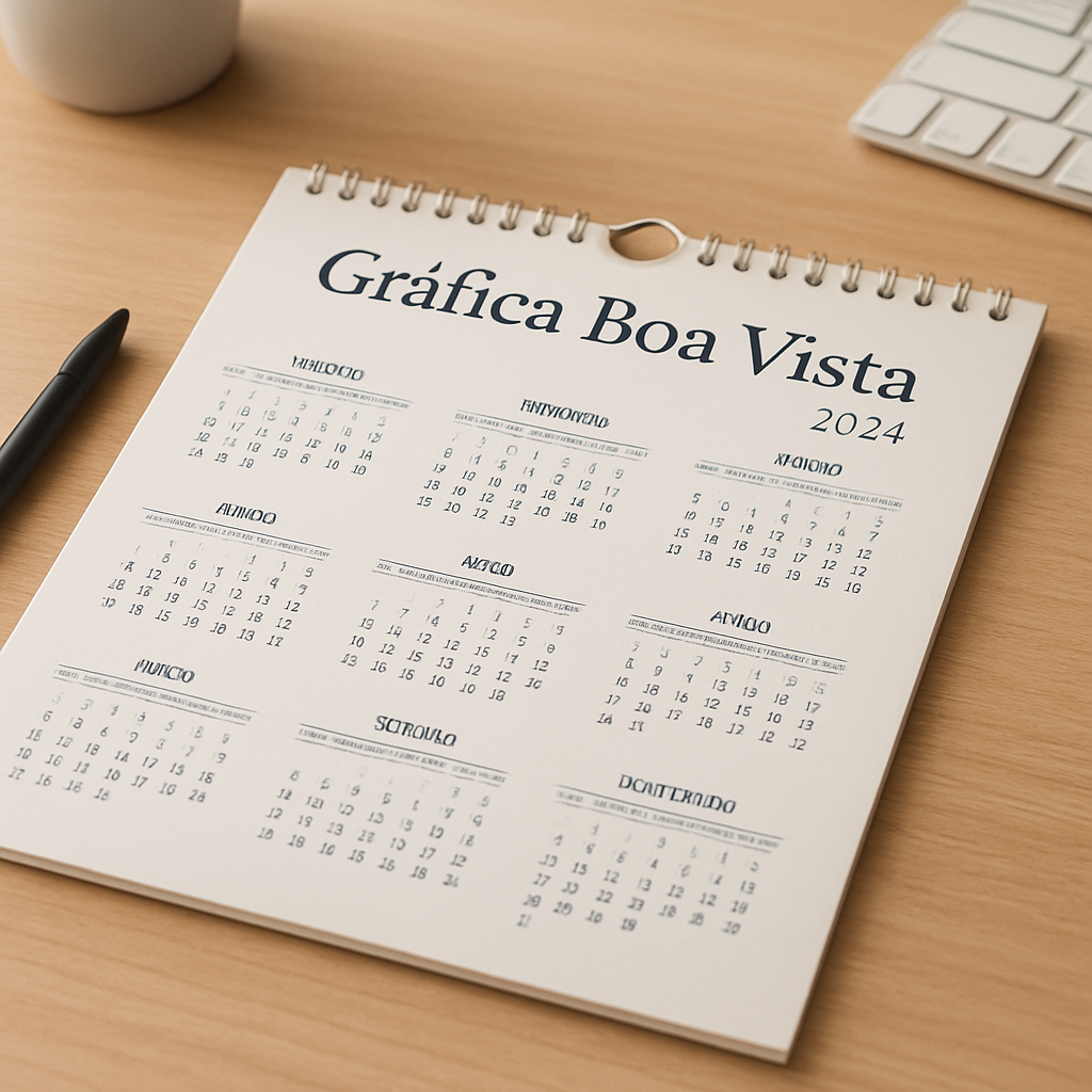 Folhinha de Parede personalizado pendurado em ambiente de escritório, mostrando um produto gráfico de Curitiba