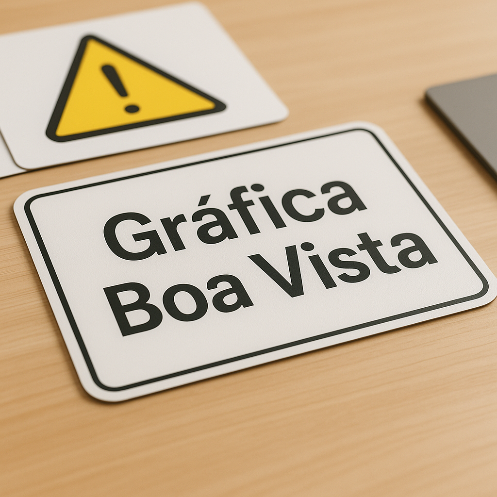 Placa de sinalização personalizada produzida em gráfica em Curitiba, com ambiente profissional de impressão