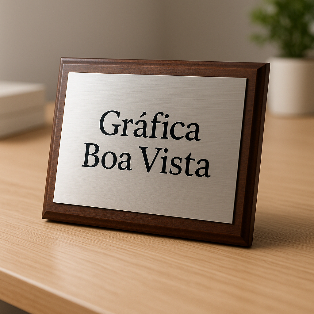 Placa de homenagem personalizada em ambiente de gráfica profissional em Curitiba