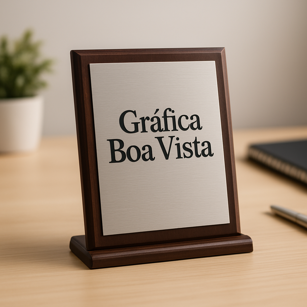 Placa de homenagem personalizada em ambiente de gráfica profissional em Curitiba