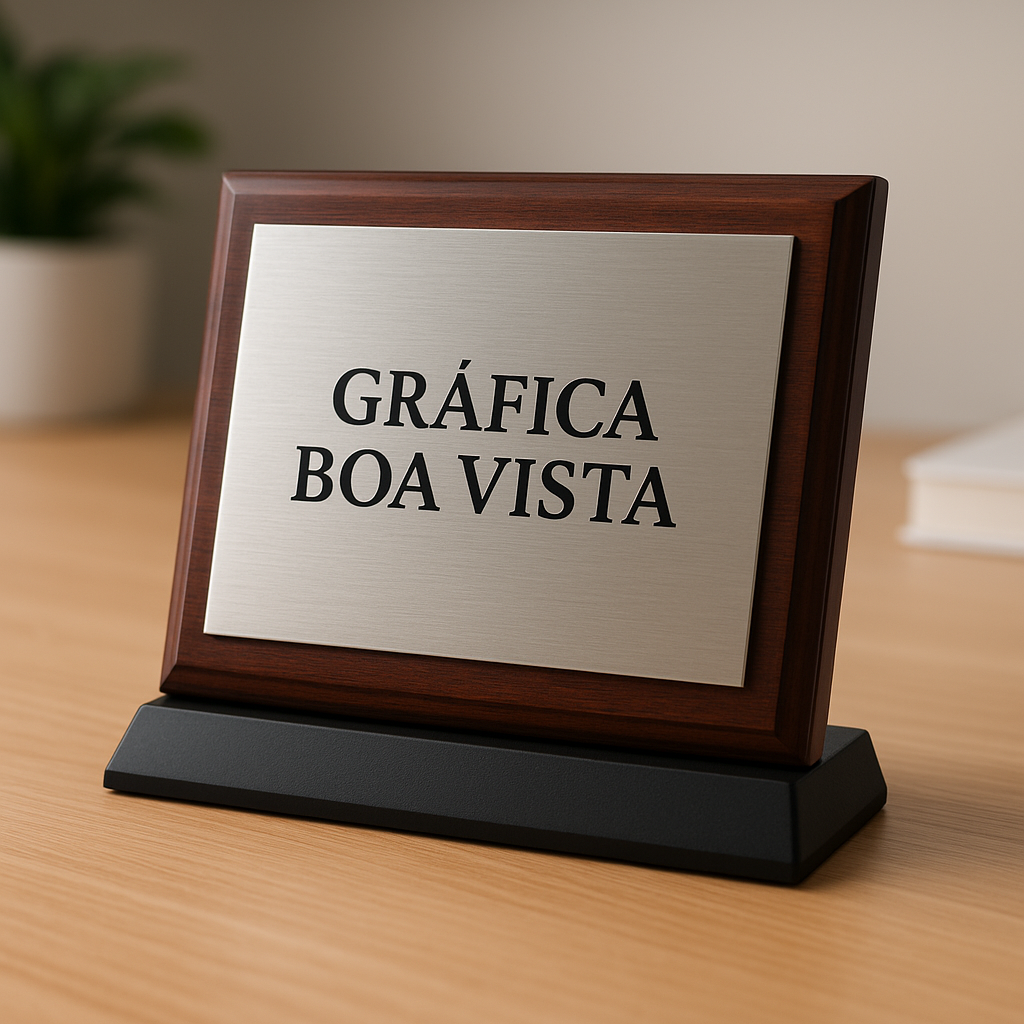 Placa de homenagem personalizada em recepção de clínica moderna, com visual elegante e profissional