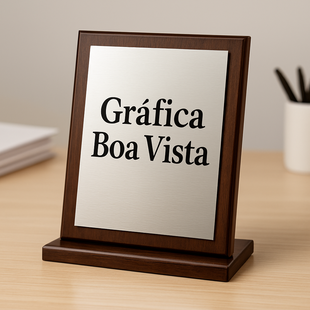 Placa de homenagem personalizada em recepção de clínica moderna, com visual elegante e profissional