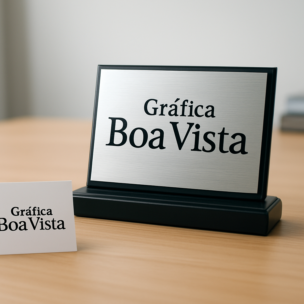 Placa de homenagem elegante em recepção de clínica moderna com acabamento sofisticado