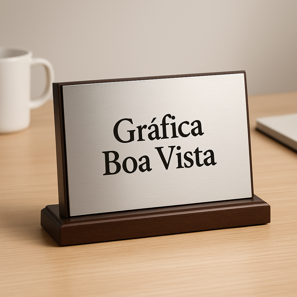 Placa de homenagem elegante em recepção de clínica moderna com acabamento sofisticado