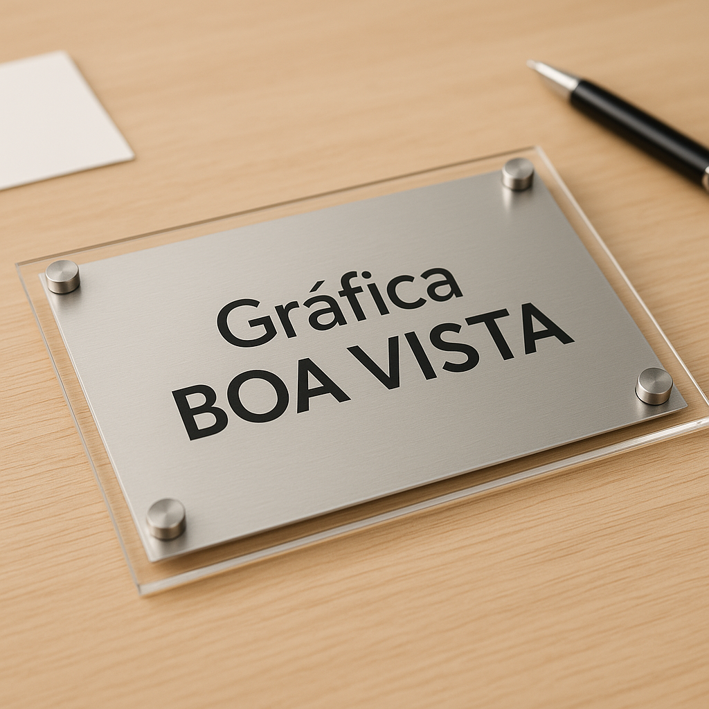 Placa de inauguração produzida em gráfica de Curitiba, sobre bancada de trabalho, com acabamento profissional