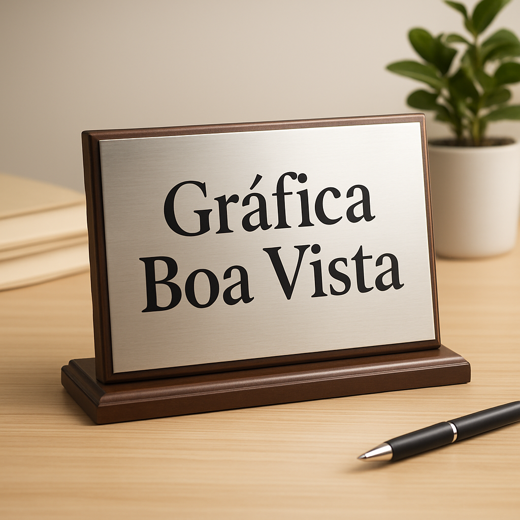 Placa de inauguração produzida em gráfica de Curitiba, sobre bancada de trabalho, com acabamento profissional