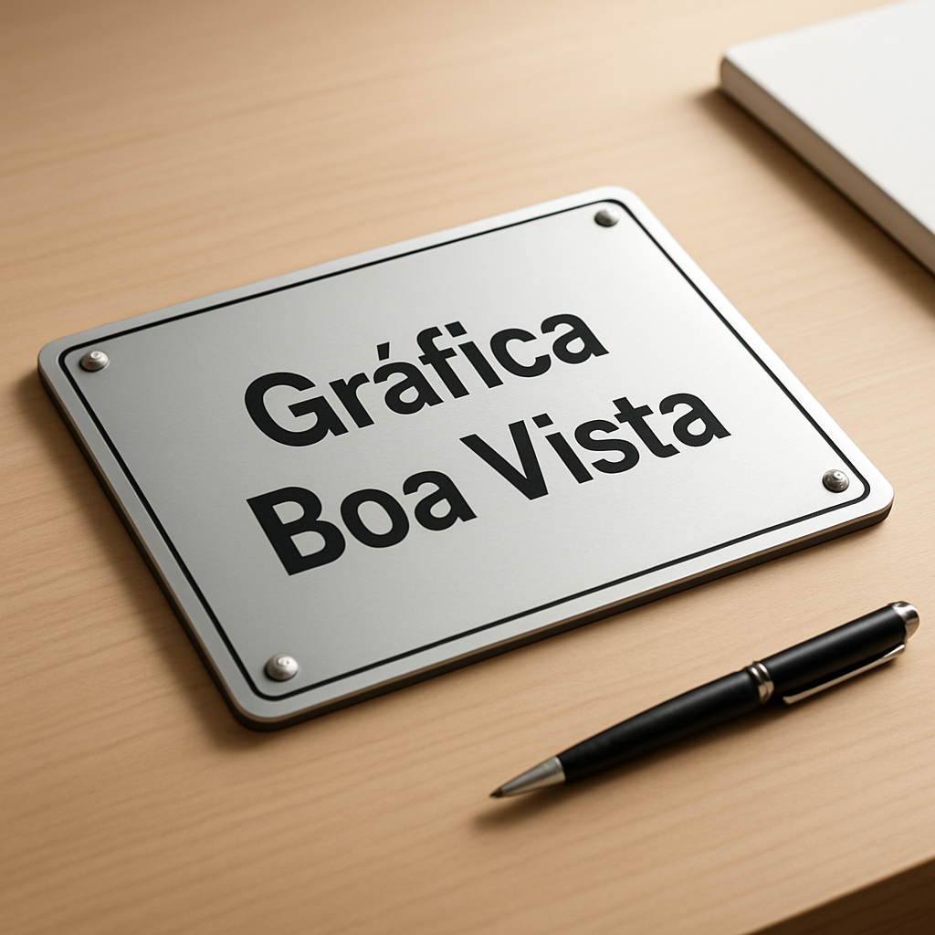Placa de inauguração produzida em gráfica de Curitiba, sobre bancada de trabalho, com acabamento profissional
