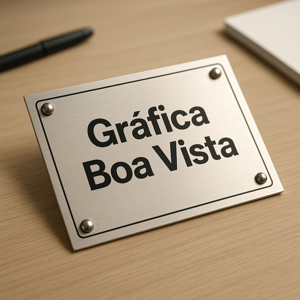 Placa de inauguração elegante em ambiente de gráfica, com acabamento institucional e visual profissional