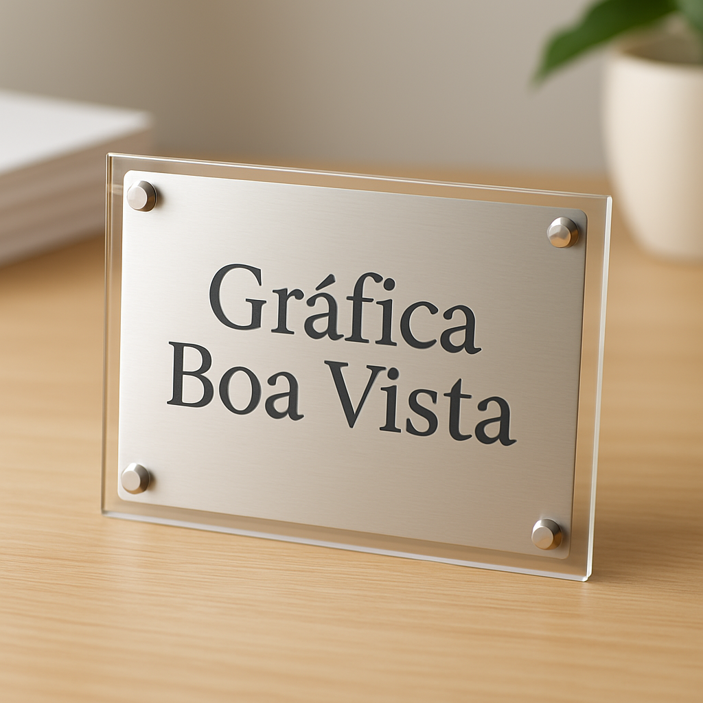 Placa de inauguração elegante em ambiente de gráfica, com acabamento institucional e visual profissional