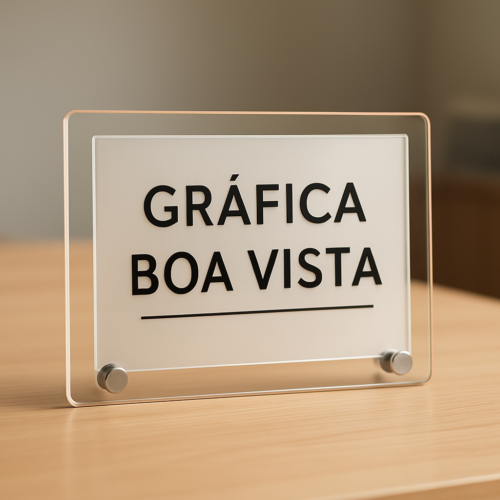 Placa de inauguração elegante em ambiente de gráfica, com acabamento institucional e visual profissional