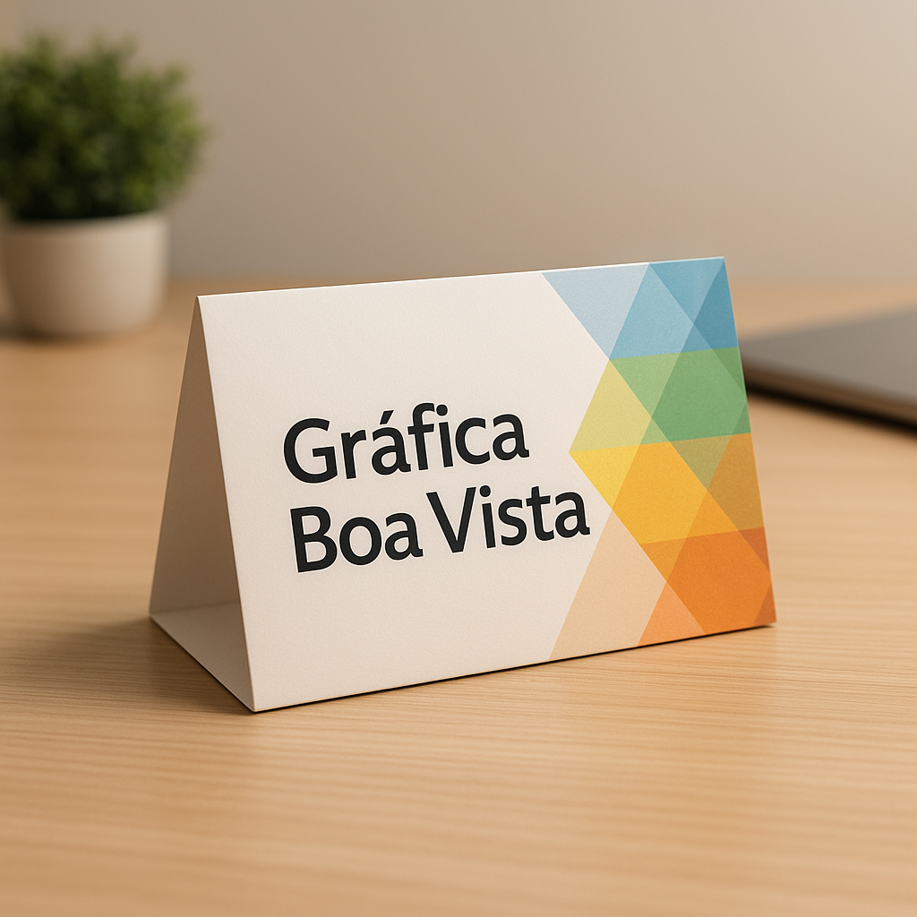 Prisma de mesa personalizado sobre uma mesa, com acabamento profissional e visual moderno