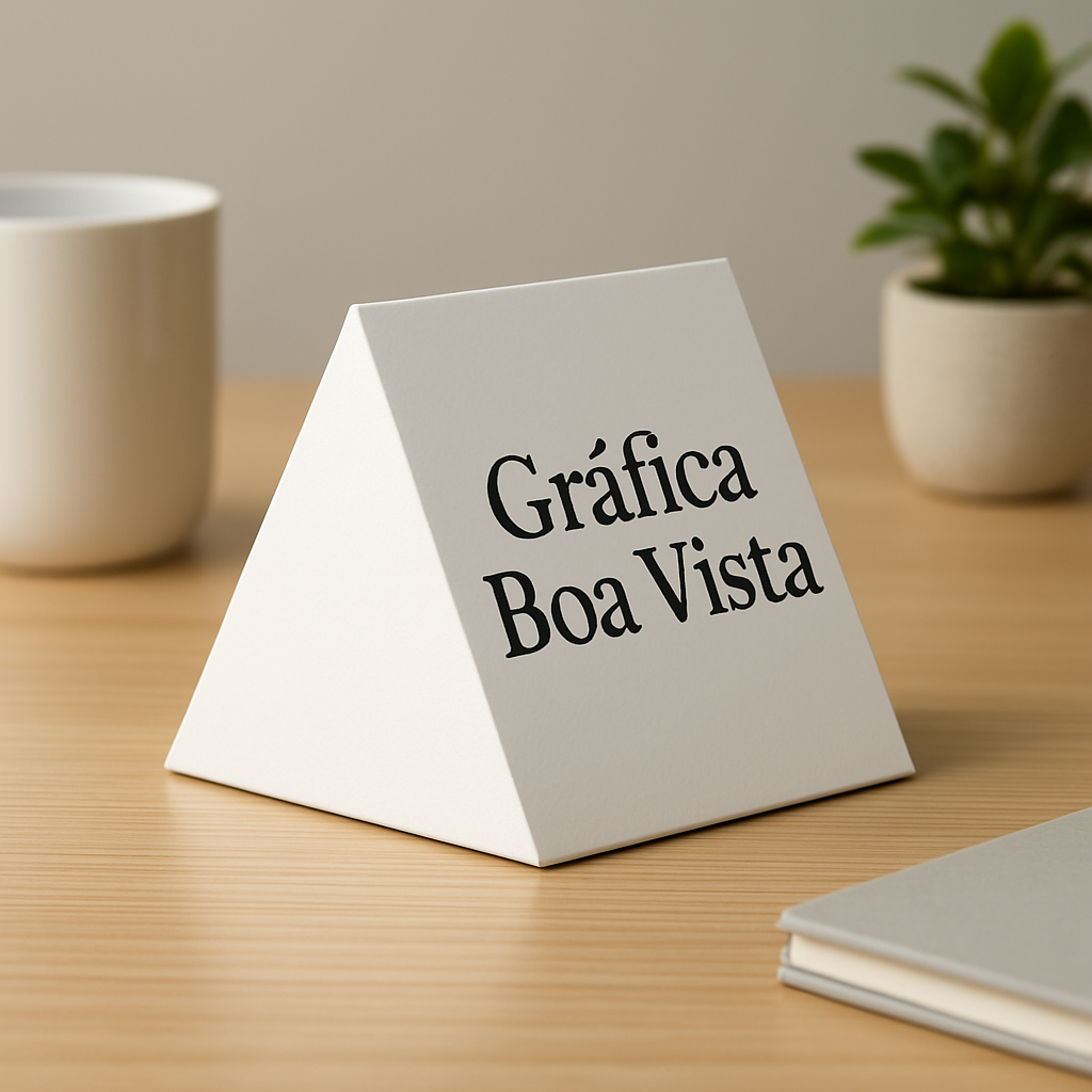Prisma de mesa personalizado sobre uma mesa, com acabamento profissional e visual moderno