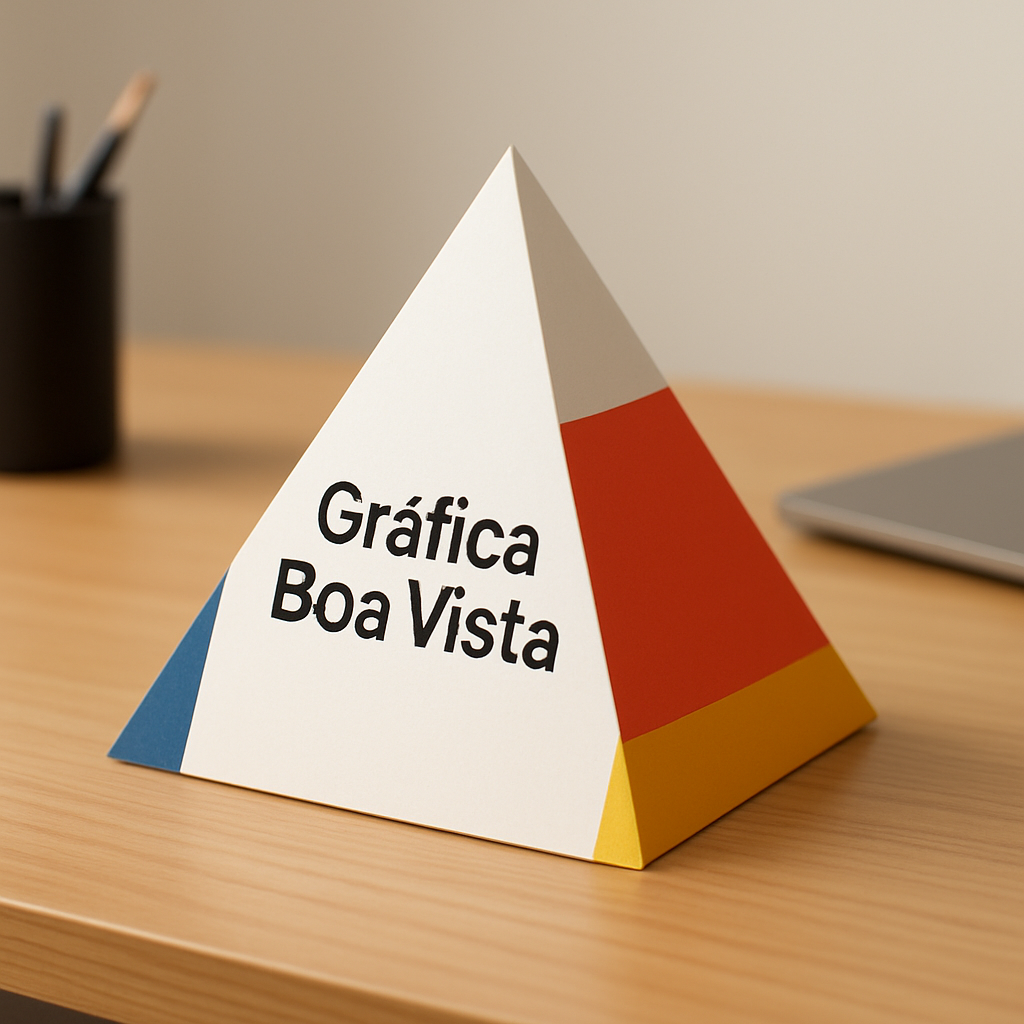 Prisma de mesa personalizado sobre uma mesa, com acabamento profissional e visual moderno