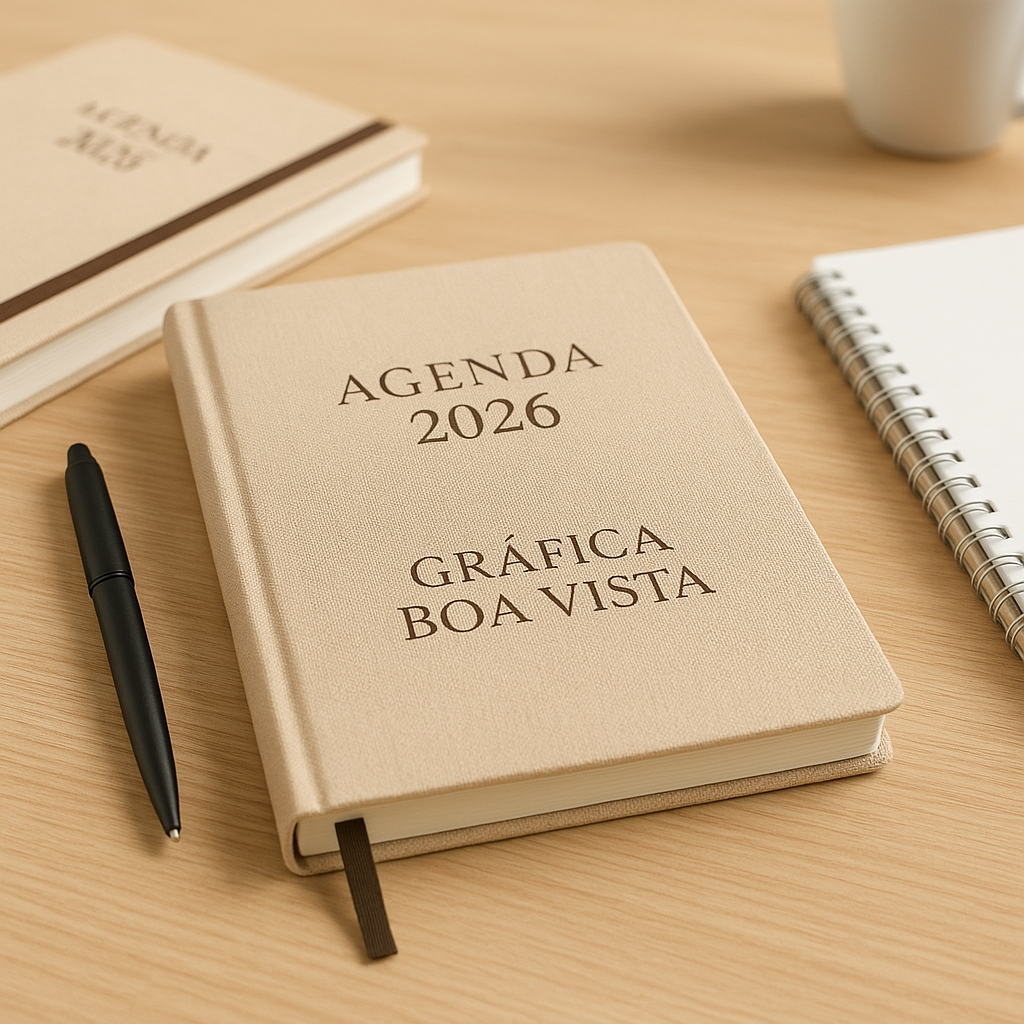 Mesa corporativa com amostras de Agenda 2026 em uma gráfica em Curitiba, com visual profissional e personalizada