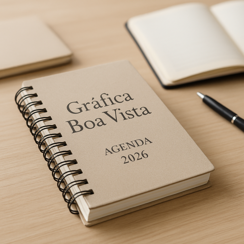 Mesa corporativa com amostras de Agenda 2026 em uma gráfica em Curitiba, com visual profissional e personalizada