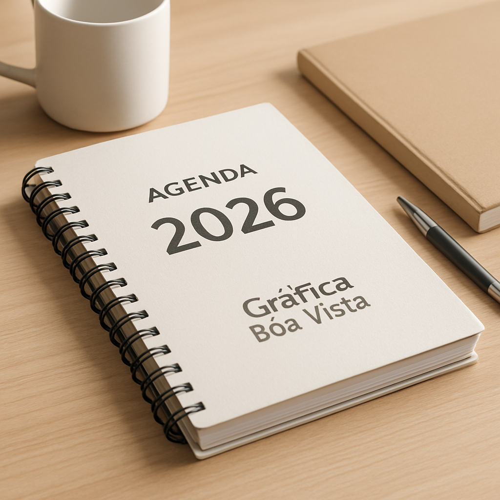 Mesa corporativa com amostras de Agenda 2026 em uma gráfica em Curitiba, com visual profissional e personalizada