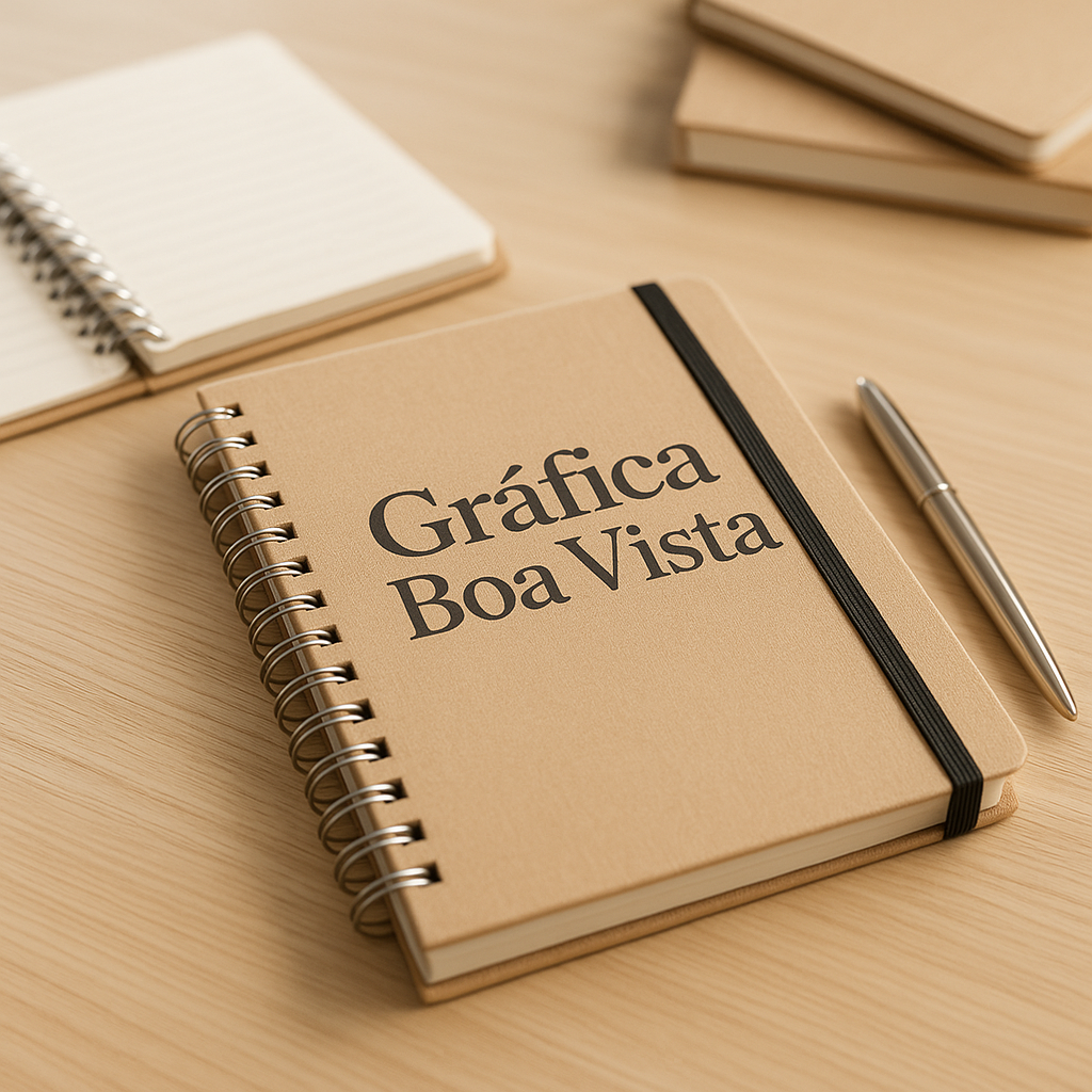 Gráfica em Curitiba produzindo agenda personalizada com revisão de layout e acabamento profissional