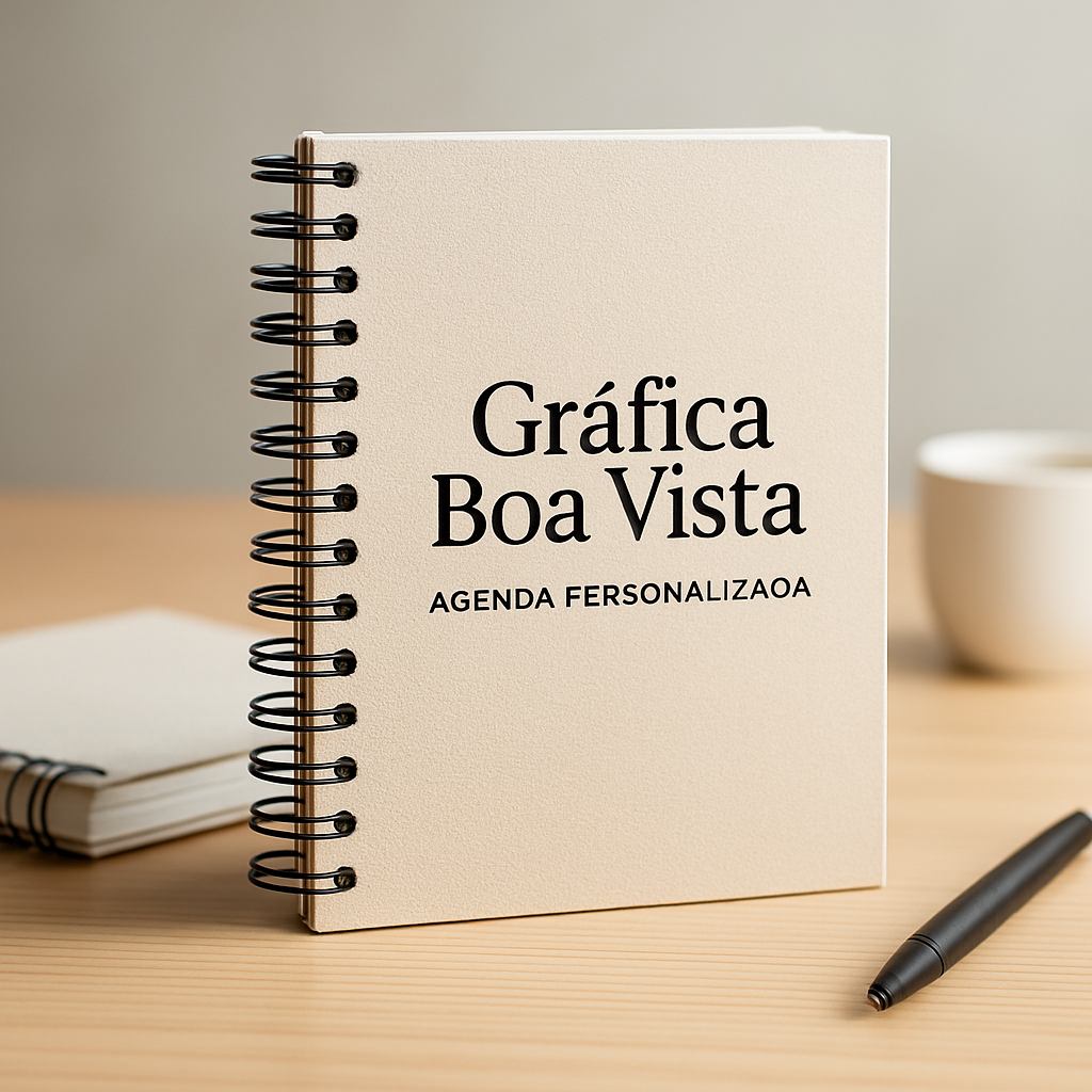 Gráfica em Curitiba produzindo agenda personalizada com revisão de layout e acabamento profissional