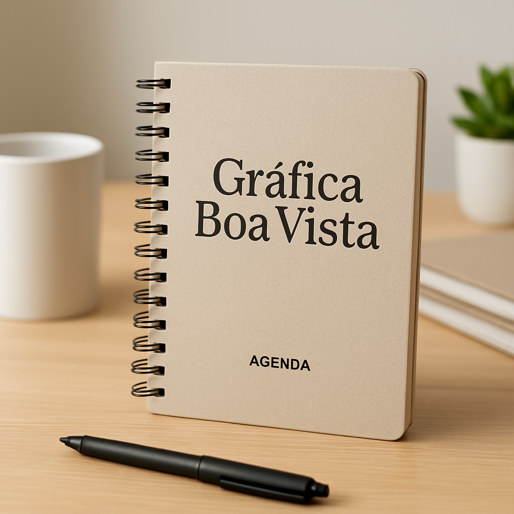 Gráfica em Curitiba produzindo agenda personalizada com revisão de layout e acabamento profissional