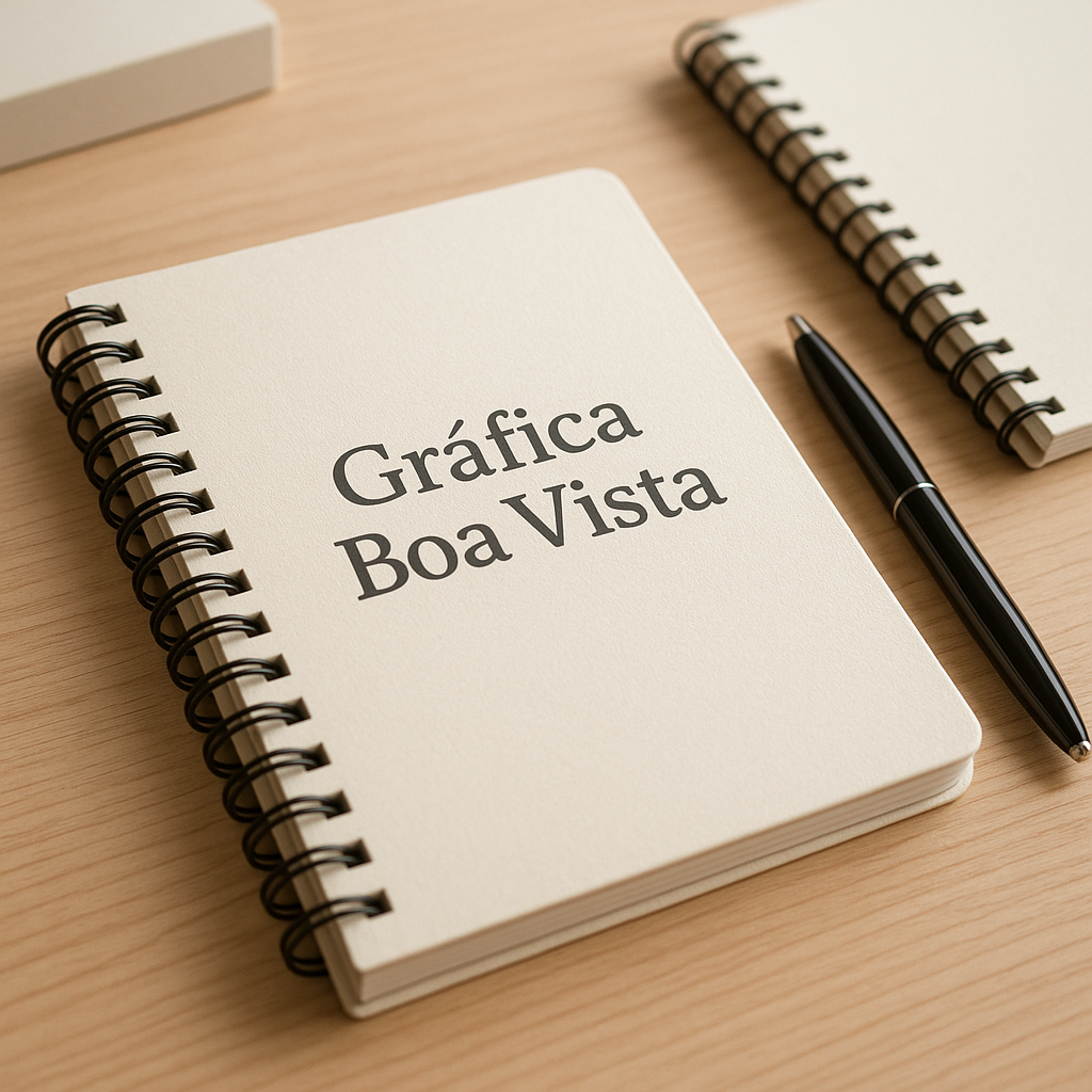 Caderno personalizado em Curitiba sobre mesa de gráfica, com acabamento profissional e amostras de materiais ao lado
