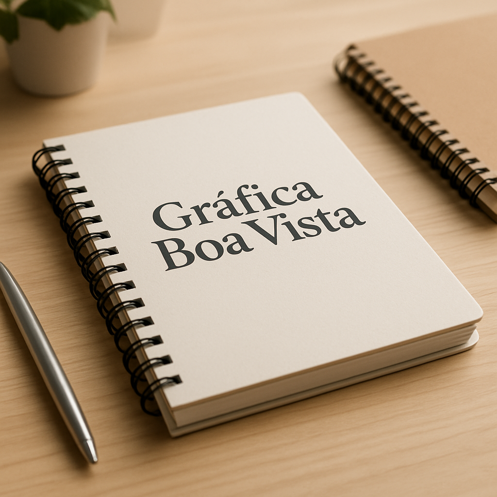 Caderno personalizado em Curitiba sobre mesa de gráfica, com acabamento profissional e amostras de materiais ao lado