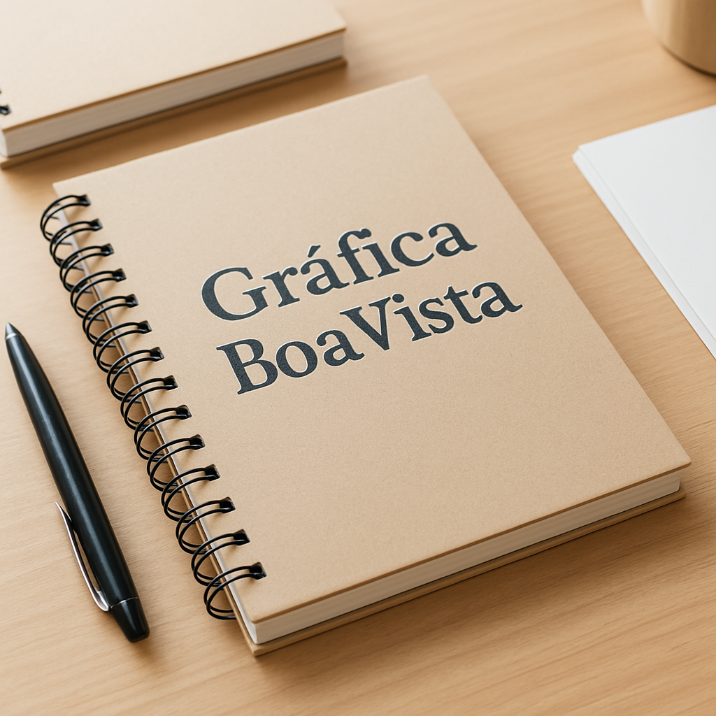 Caderno personalizado em Curitiba sobre mesa de gráfica, com acabamento profissional e amostras de materiais ao lado
