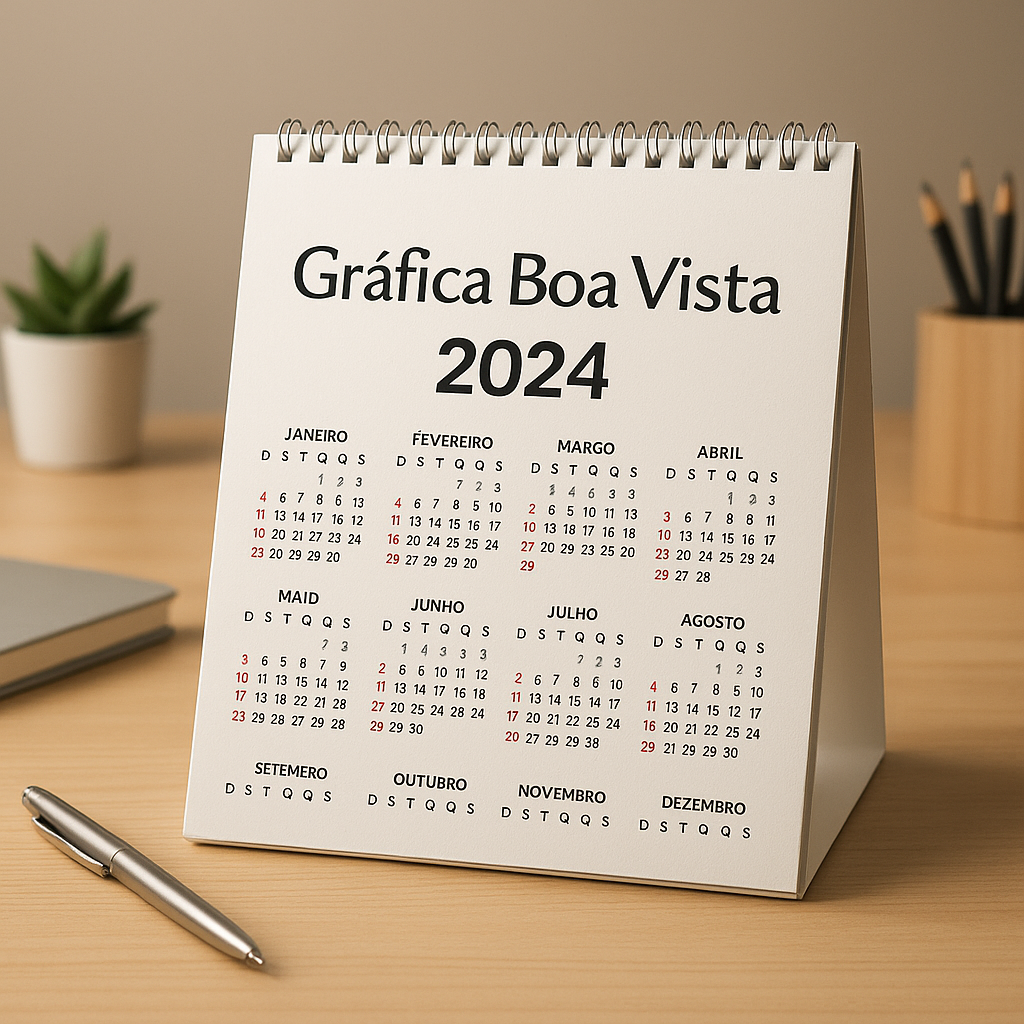 Folhinha de parede personalizada em ambiente de escritório, com acabamento profissional