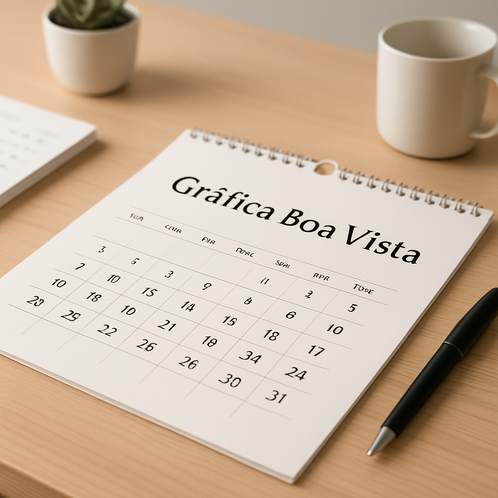 Folhinha de parede personalizada em ambiente de escritório, com acabamento profissional