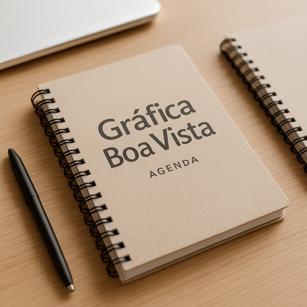 Agenda personalizada em ambiente de gráfica em Curitiba, com visual profissional e acabamento premium