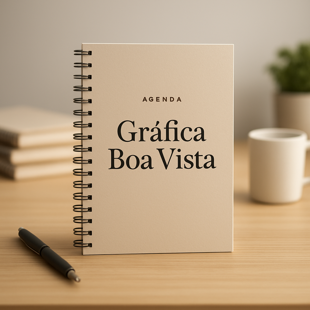 Agenda personalizada em ambiente de gráfica em Curitiba, com visual profissional e acabamento premium