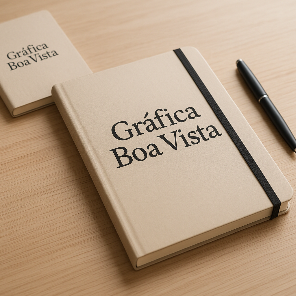 Caderno personalizado impresso em Curitiba sobre uma mesa, com acabamento profissional e aparência premium.