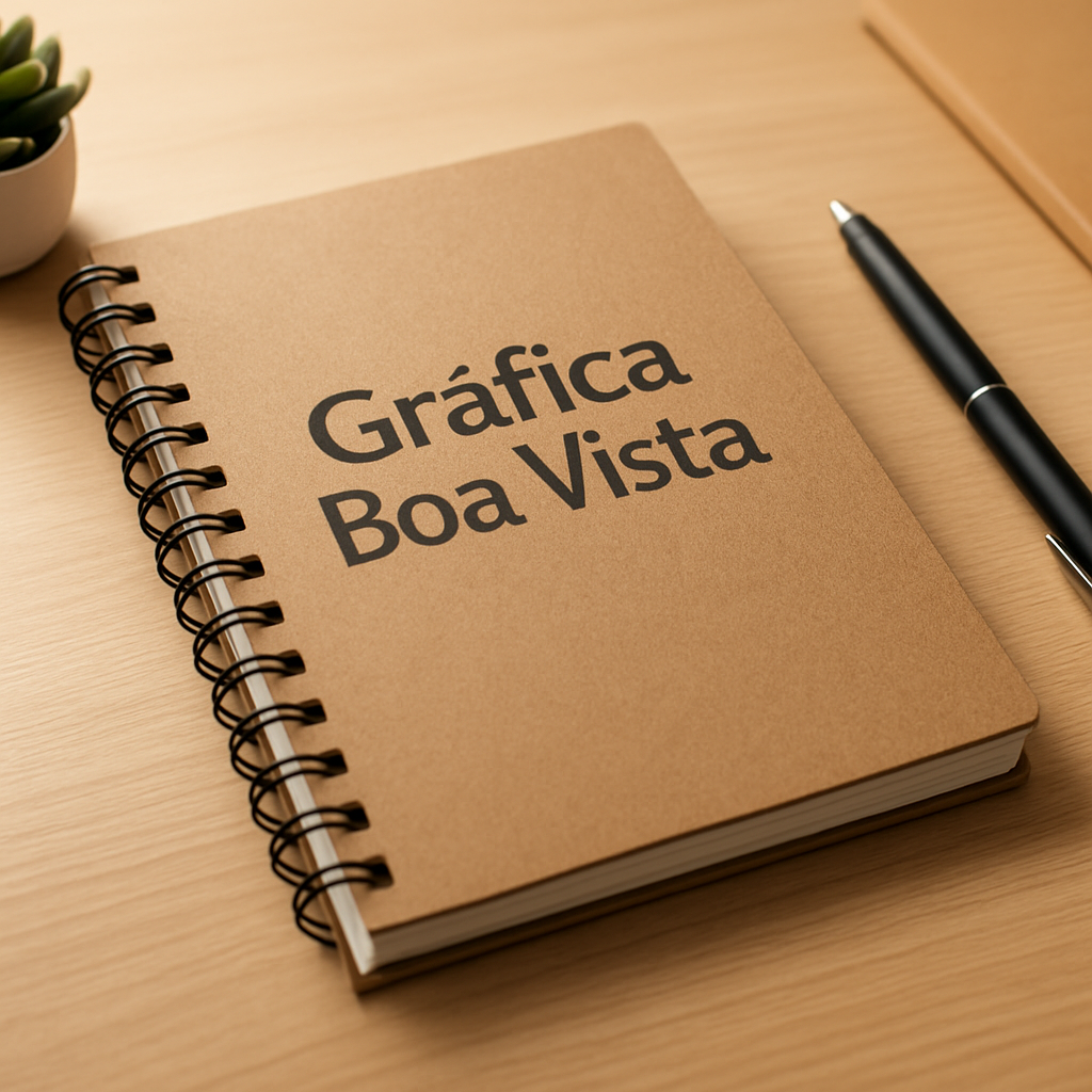 Caderno personalizado impresso em Curitiba sobre uma mesa, com acabamento profissional e aparência premium.