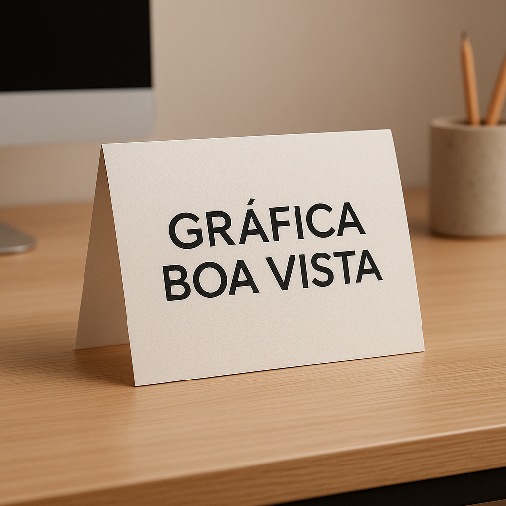 Display de mesa impresso em destaque sobre uma bancada em gráfica de Curitiba
