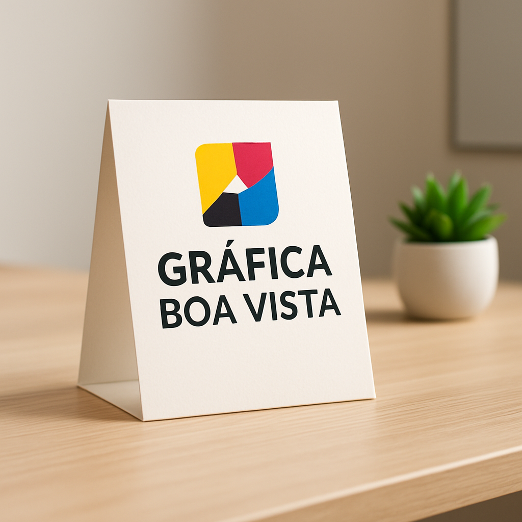 Display de mesa impresso em destaque sobre uma bancada em gráfica de Curitiba