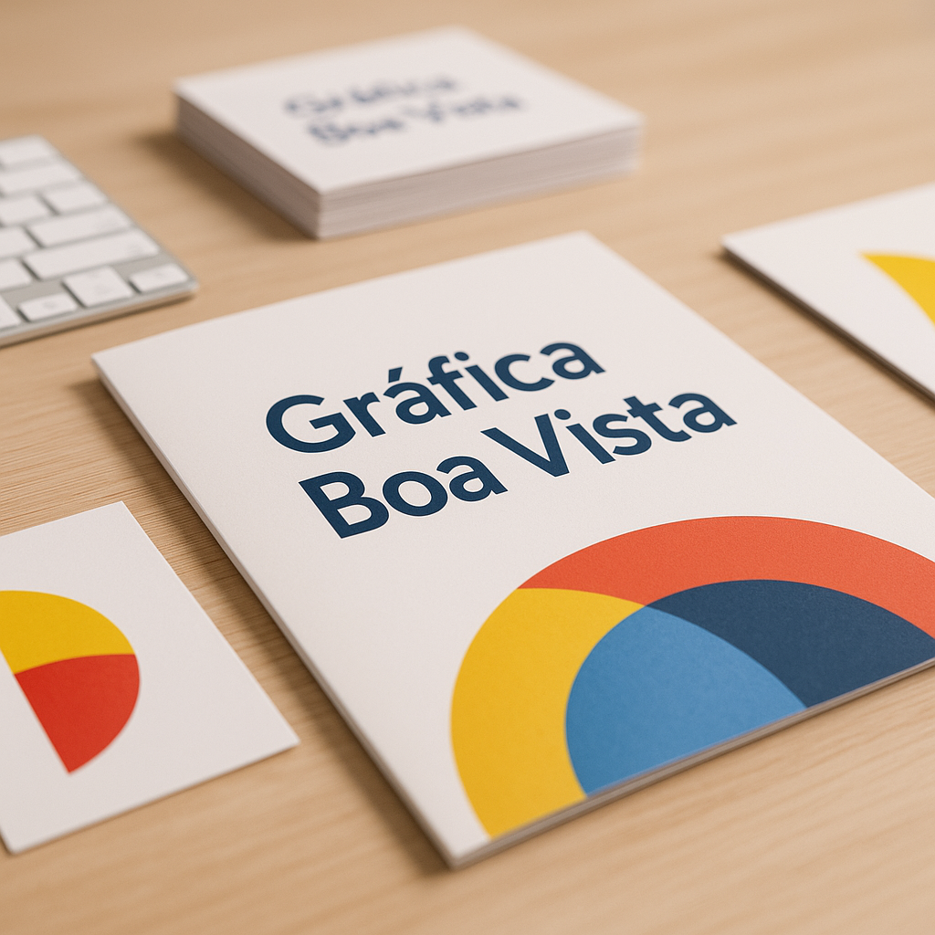 Encarte promocional impresso em uma gráfica de Curitiba, com pilha de materiais sobre a mesa.