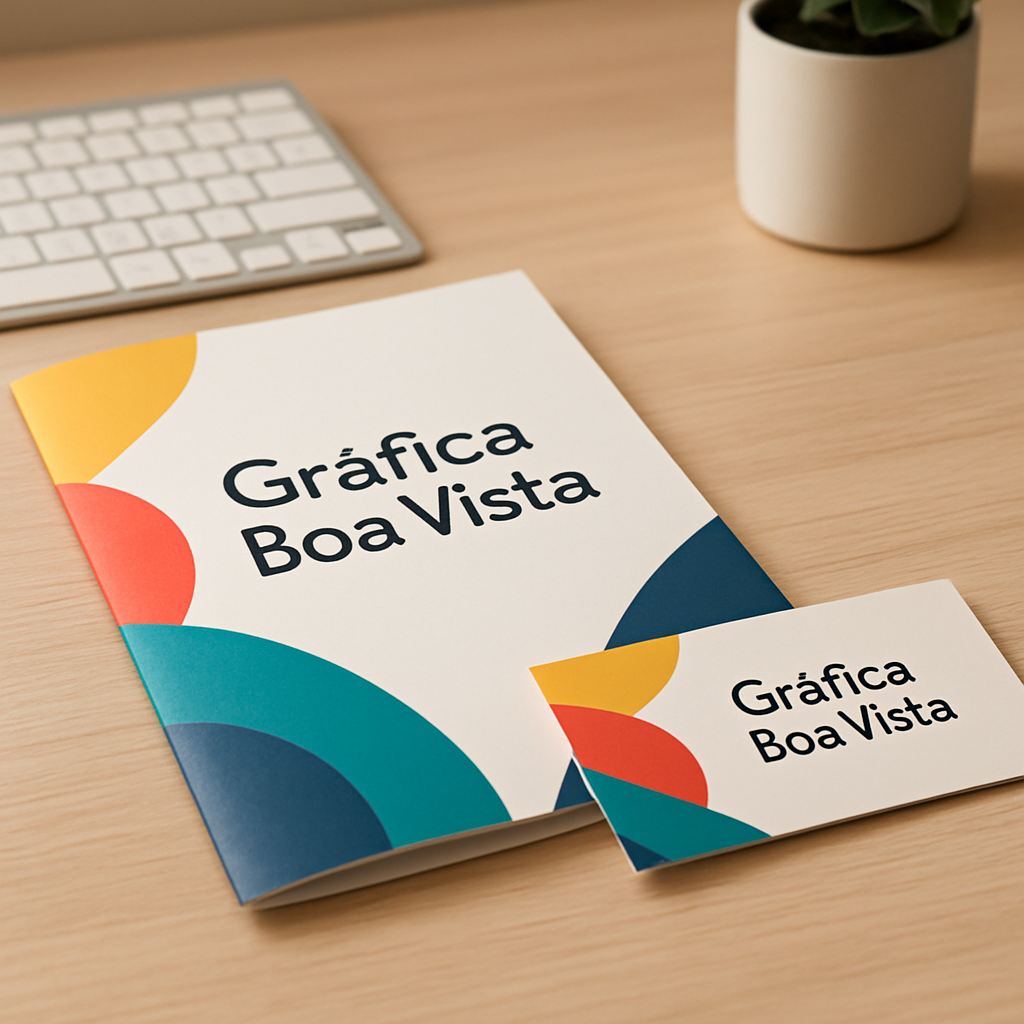 Encarte promocional impresso em uma gráfica de Curitiba, com pilha de materiais sobre a mesa.