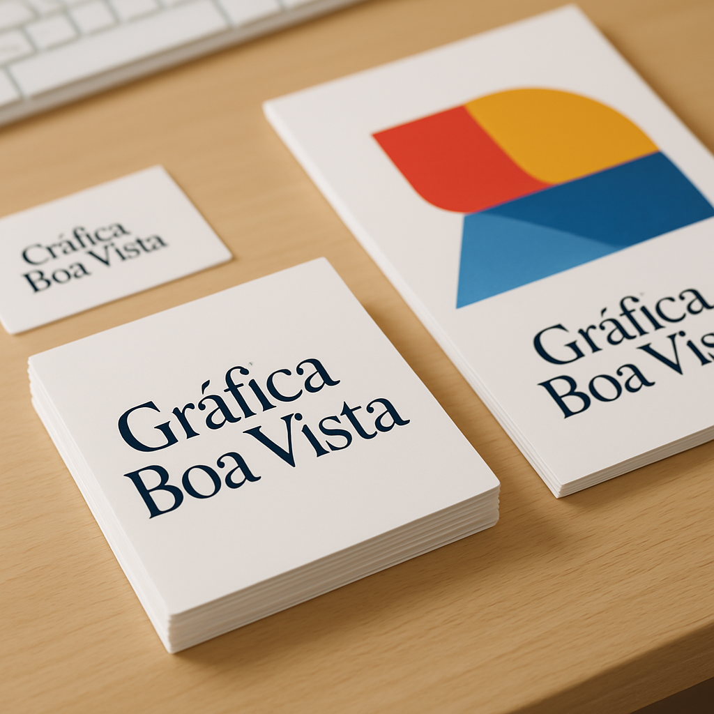 Foto de uma gráfica em Curitiba com pilhas de filipetas impressas sobre uma mesa de produção