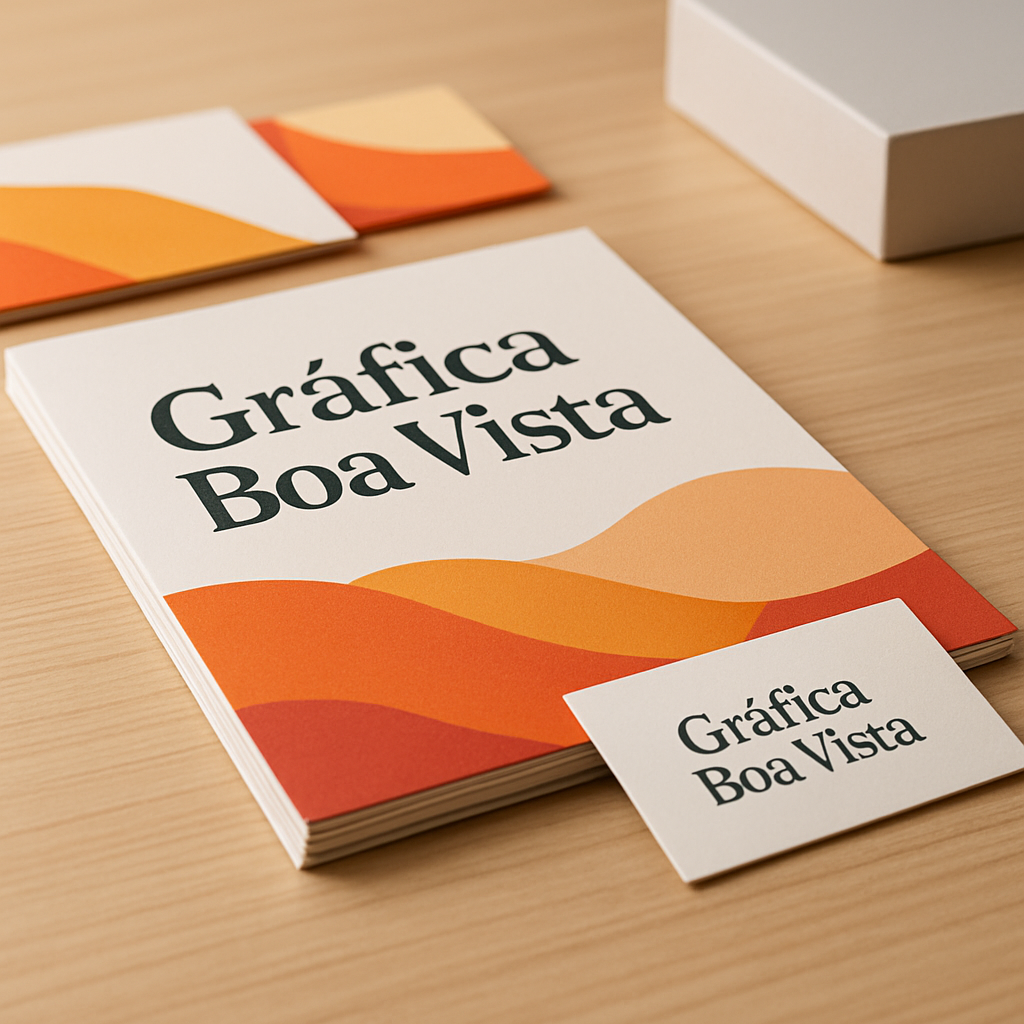 Foto de uma gráfica em Curitiba com pilhas de filipetas impressas sobre uma mesa de produção