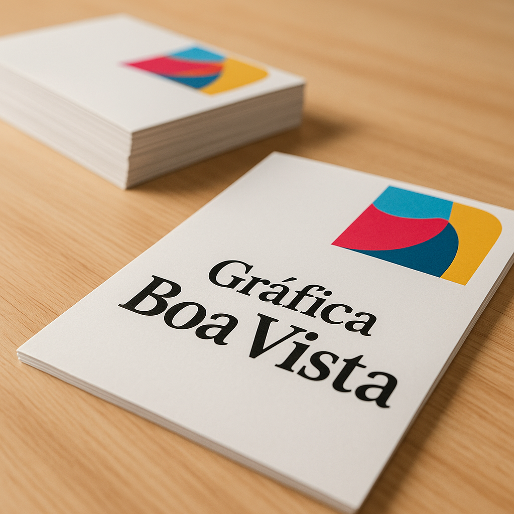 Folhetos impressos em uma gráfica de Curitiba, com aparência profissional e material colorido sobre mesa de produção