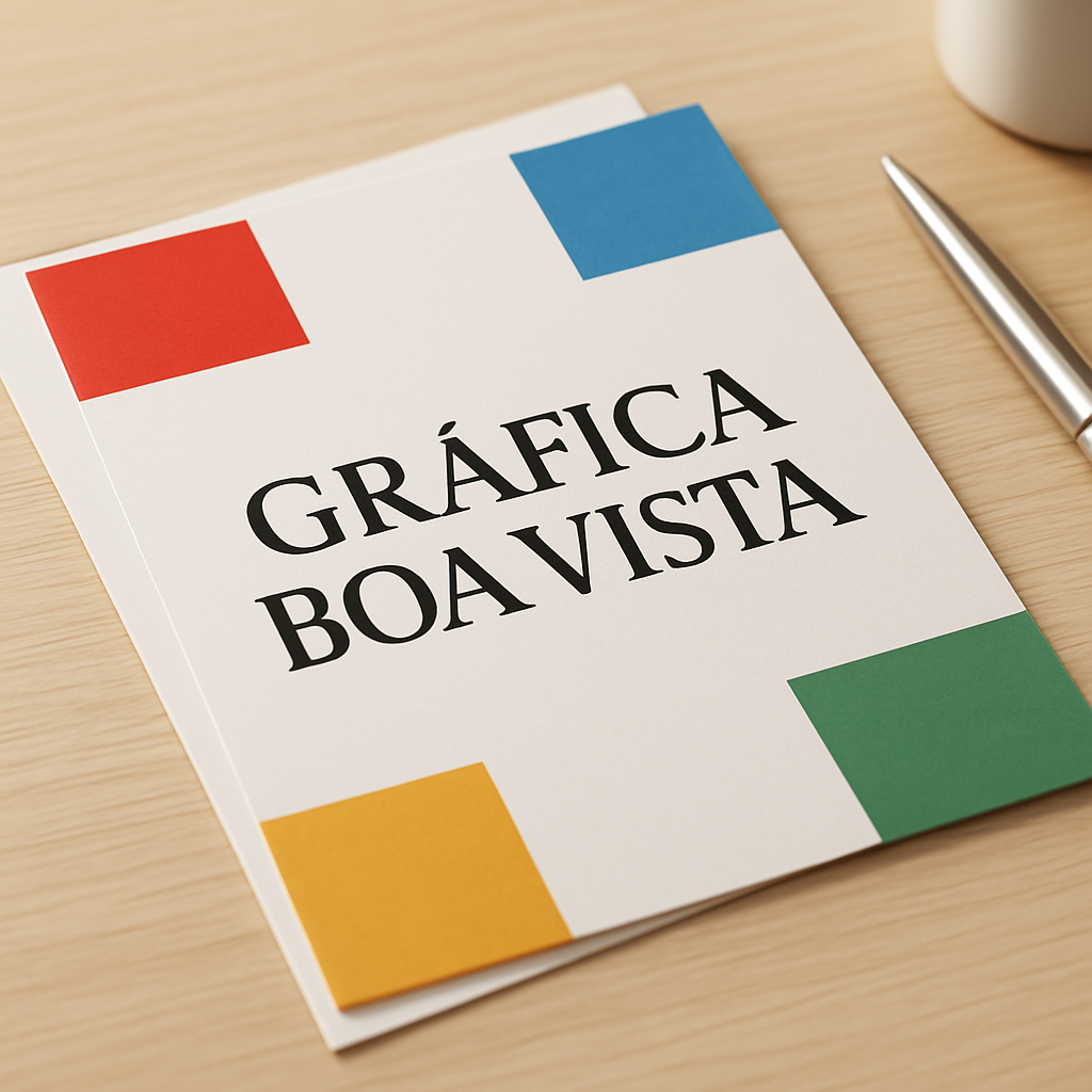 Folhetos impressos em uma gráfica de Curitiba, com aparência profissional e material colorido sobre mesa de produção