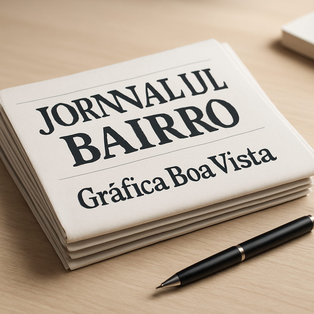 Pilha de jornais de bairro impressos em uma gráfica de Curitiba, com acabamento profissional.