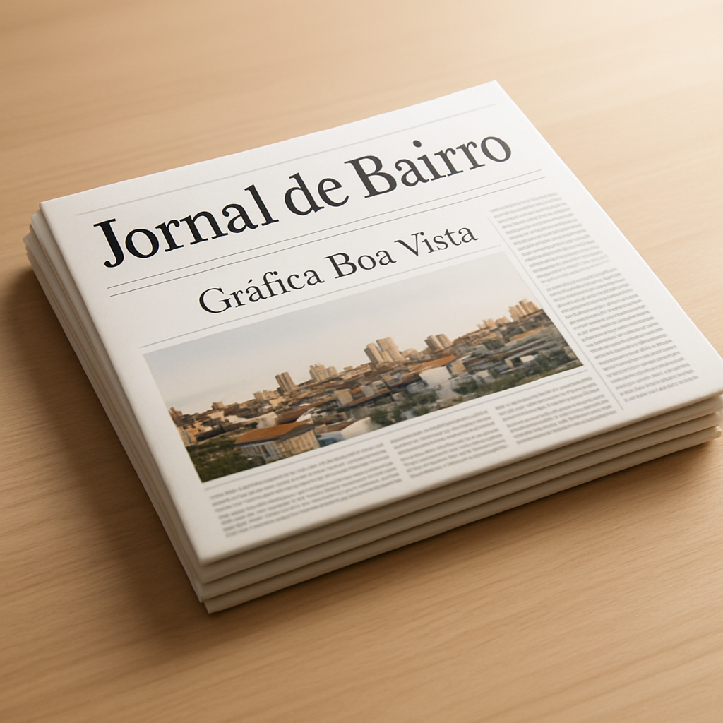 Pilha de jornais de bairro impressos em uma gráfica de Curitiba, com acabamento profissional.