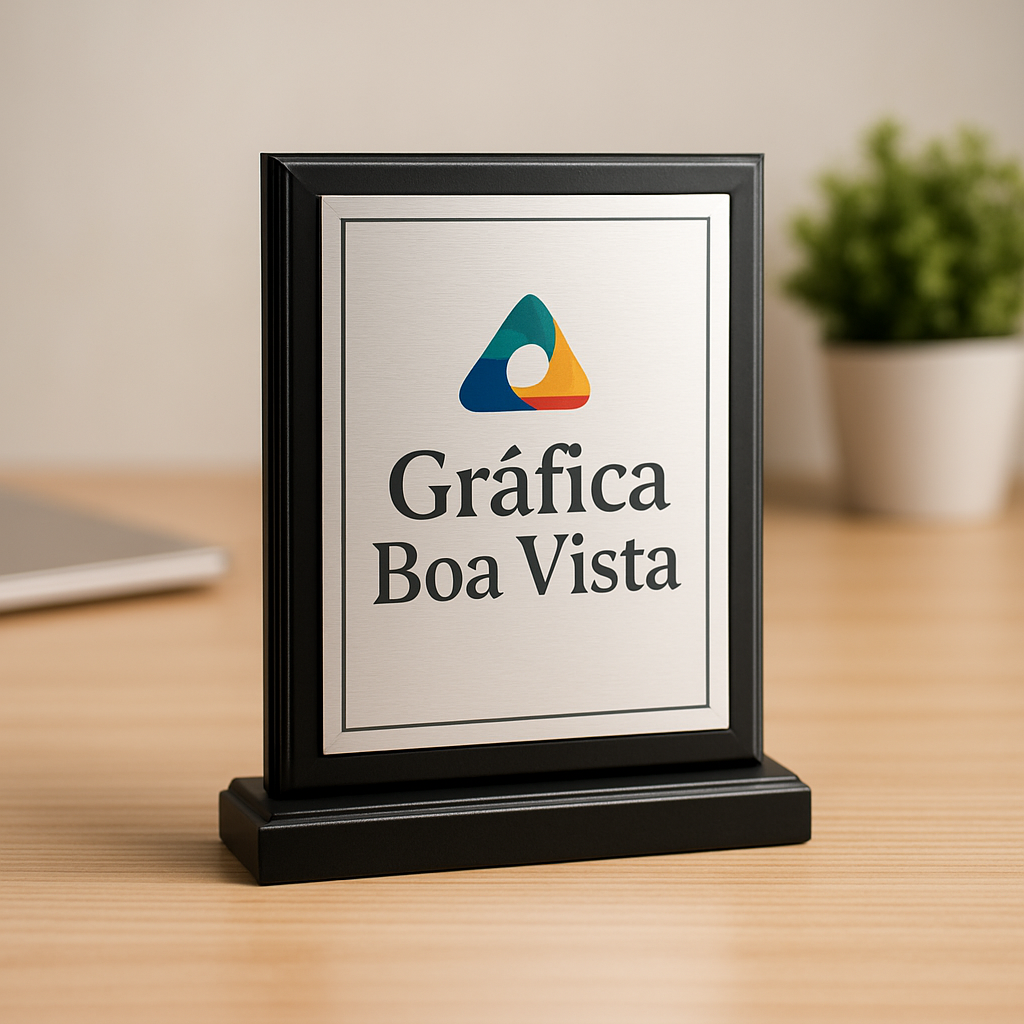 Placa de homenagem personalizada em ambiente de gráfica em Curitiba