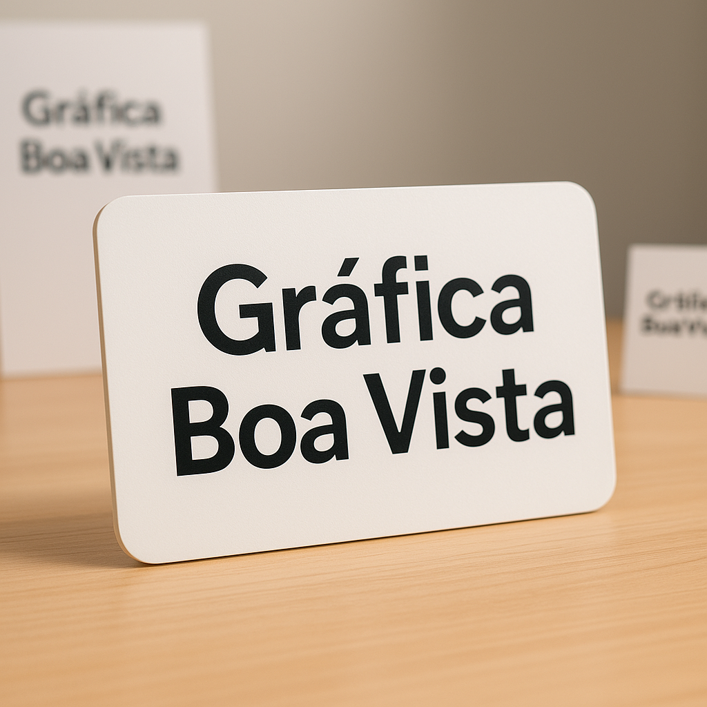 Placa de sinalização personalizada em ambiente de gráfica em Curitiba, com materiais de impressão e ferramentas de medição