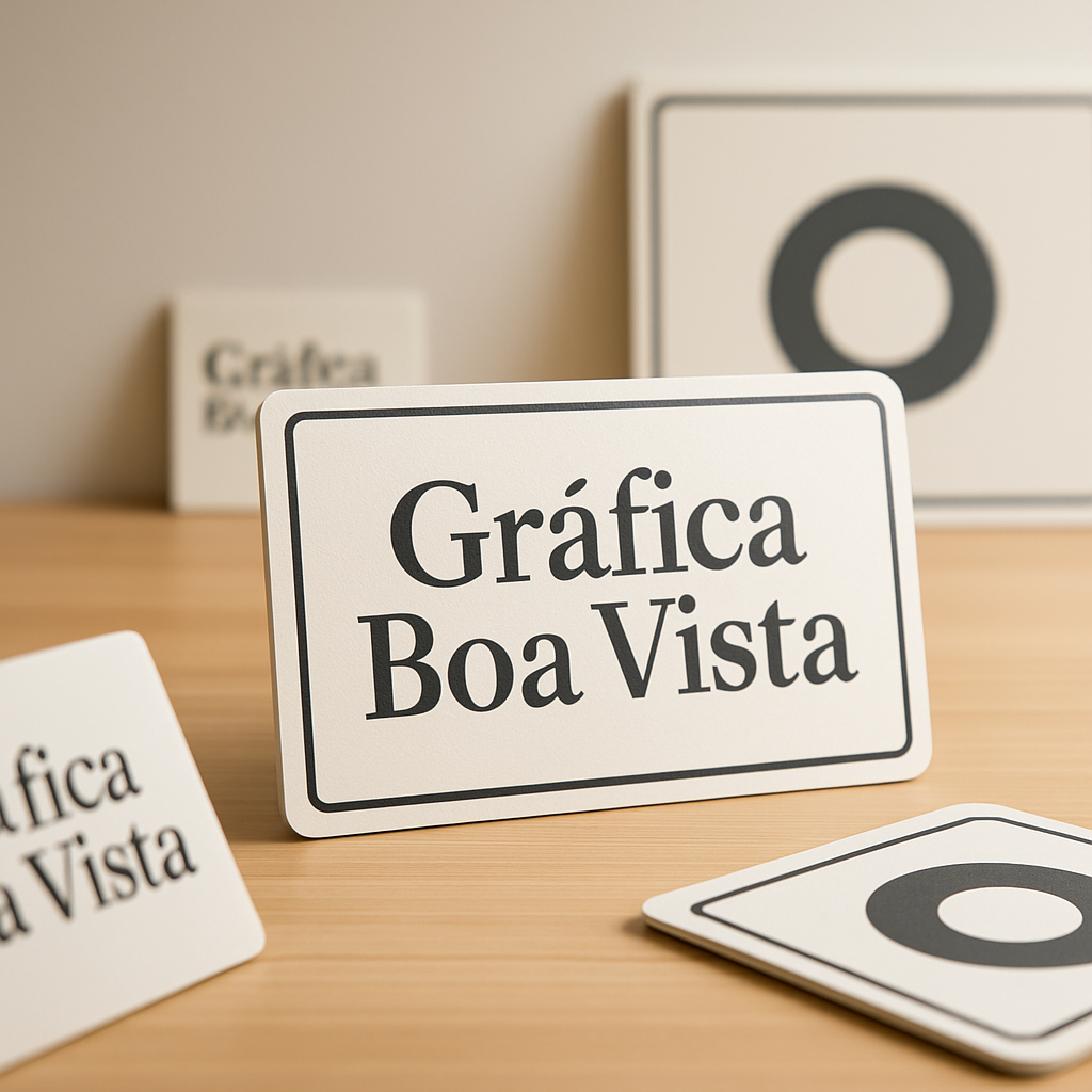 Placa de sinalização personalizada em ambiente de gráfica em Curitiba, com materiais de impressão e ferramentas de medição