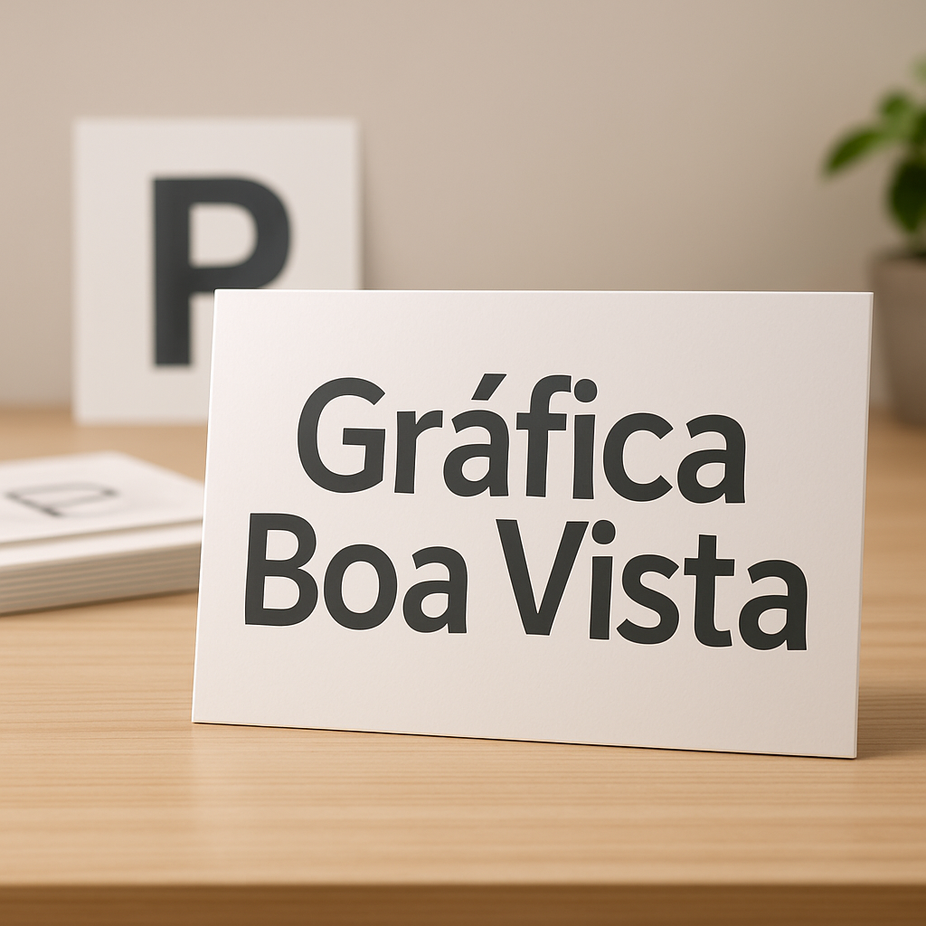 Placa de sinalização personalizada em ambiente de gráfica em Curitiba, com materiais de impressão e ferramentas de medição