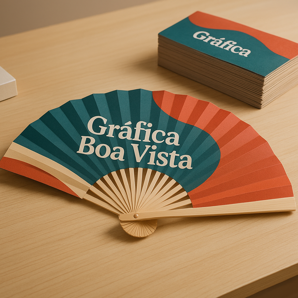 Ventarola personalizada impressa em ambiente de gráfica, em Curitiba.