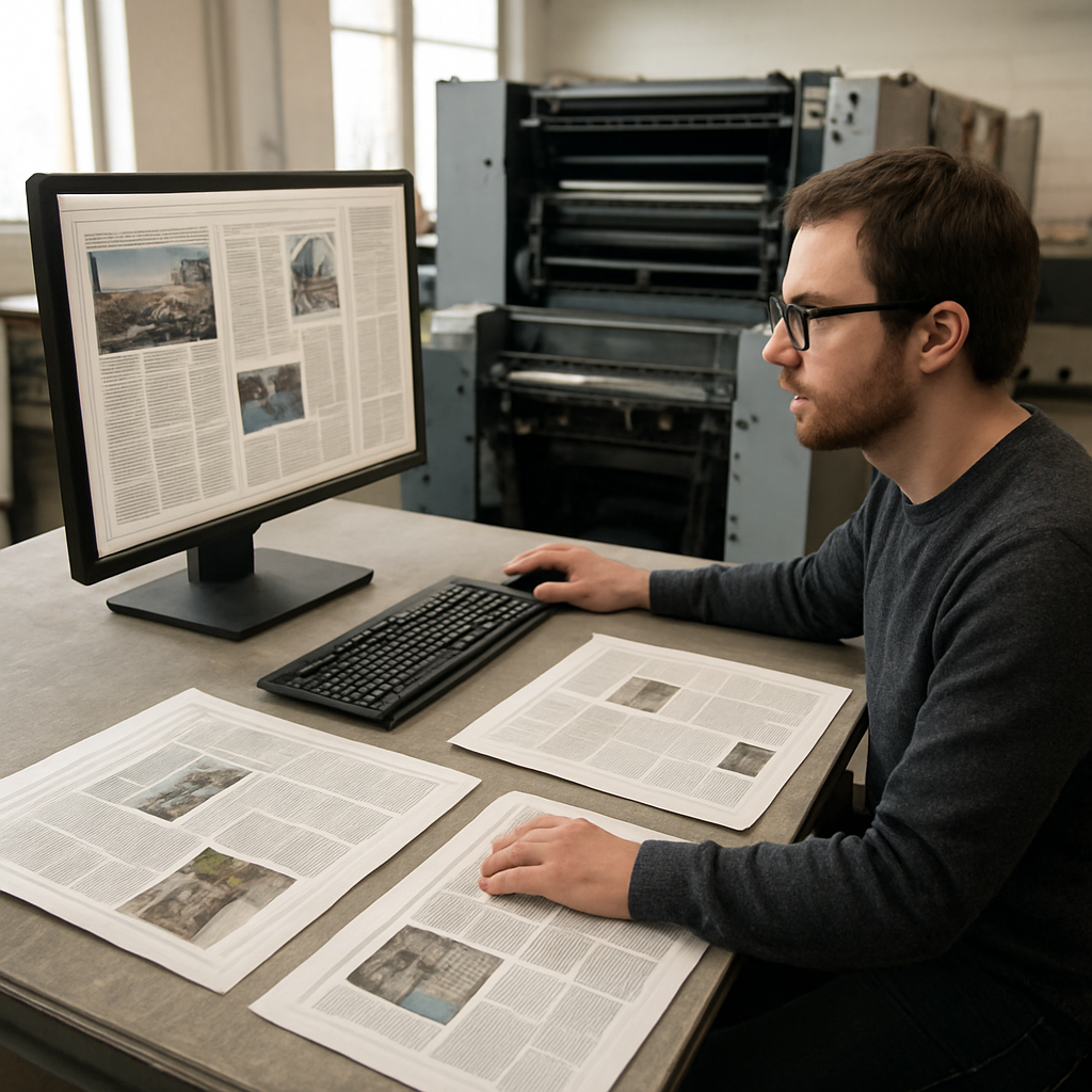 Equipe revisando a arte de jornal personalizado em Curitiba