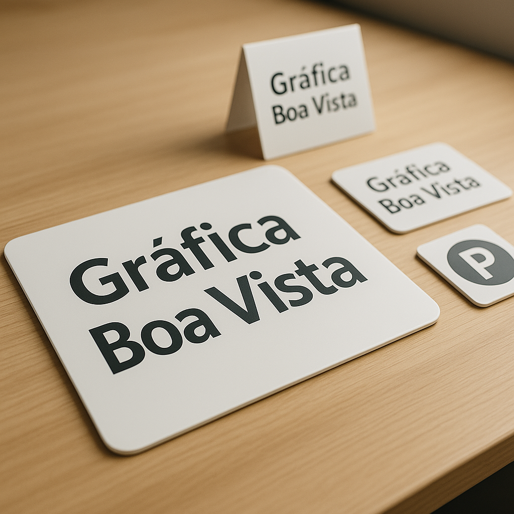 Placas de sinalização produzidas em gráfica de Curitiba, com acabamento profissional e ambiente de produção